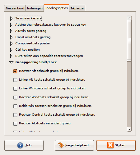 Gnome Keyboard Properties - Indelingsopties - Groepgedrag Shift/Lock geopend