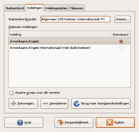 Gnome Keyboard Properties - Indelingen - Amerikaans-Engels en Amerikaans-Engels met dode toetsen geselecteerd